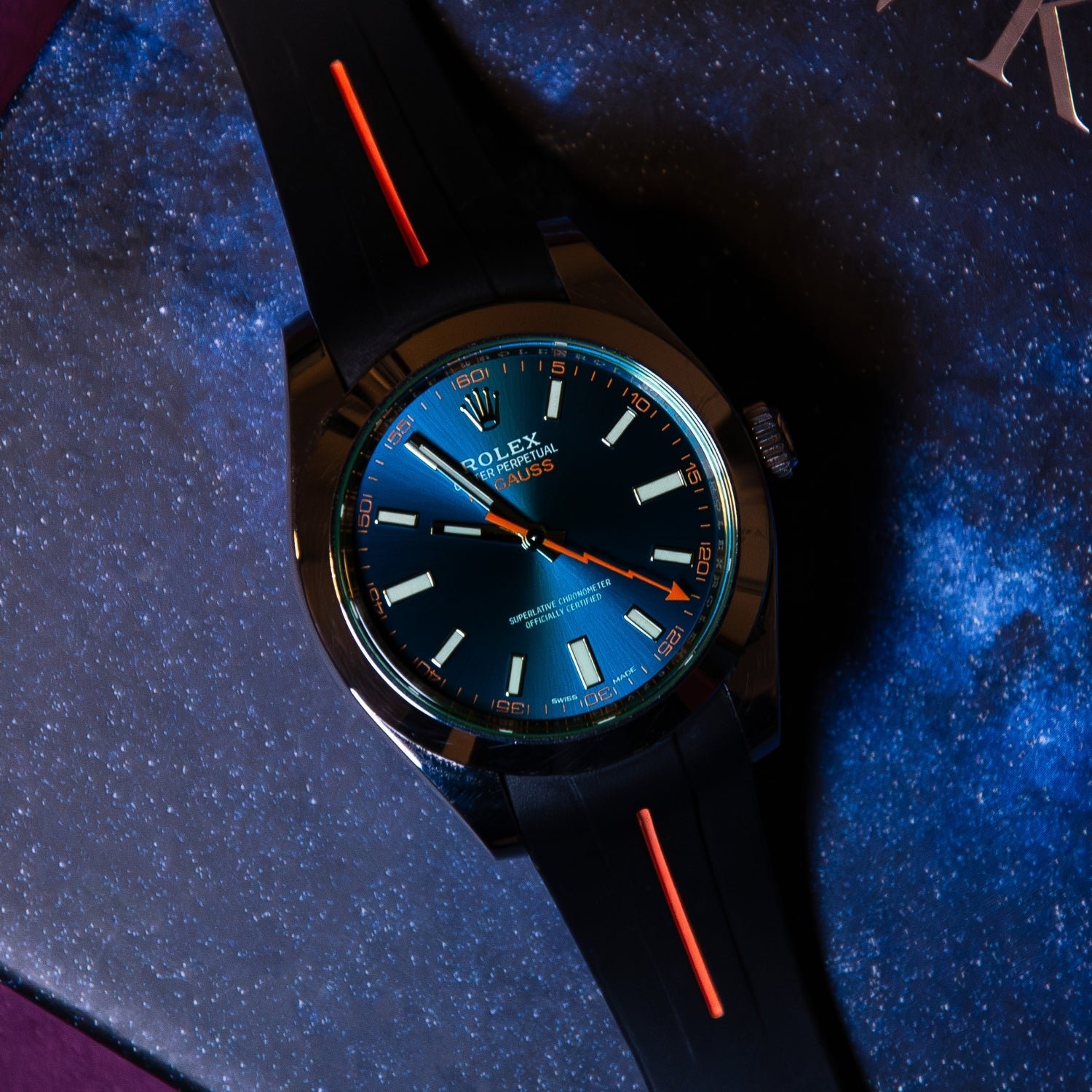 Rubber Strap - For Rolex Milgauss - Black w/Orange Line | LuxLine® - Image 2
