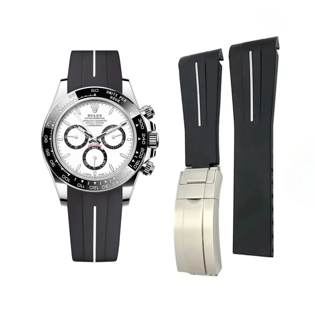 Deployant Rubber Strap - For Rolex Daytona - Black w/White Line | LuxLine®