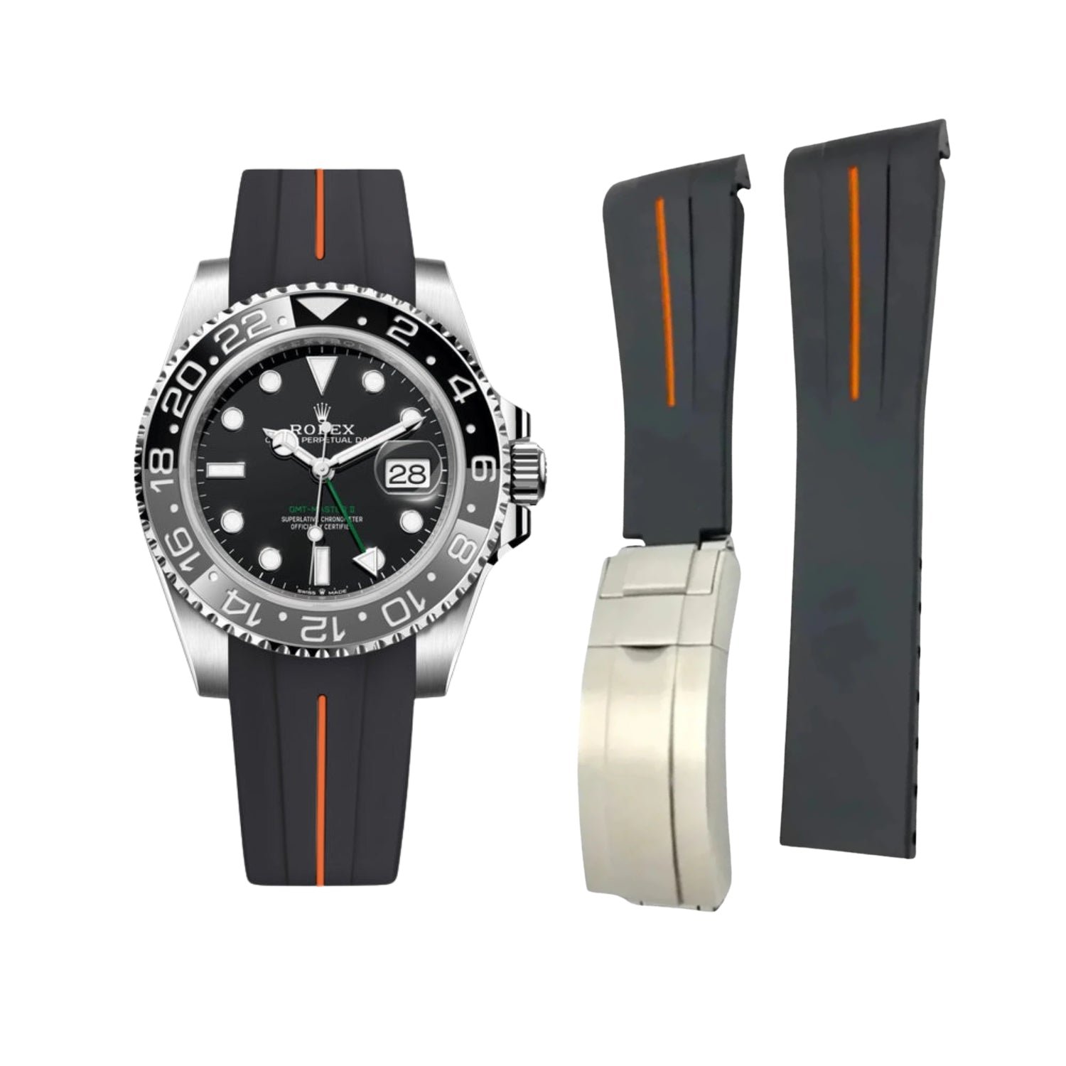 Deployant Rubber Strap - For Rolex GMT-Master II - Black w/Orange Line | LuxLine®