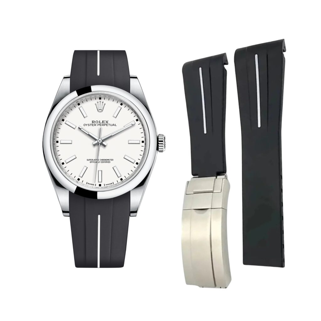 Deployant Rubber Strap - For Rolex Oyster Perpetual 39mm - Black w/White Line | LuxLine®