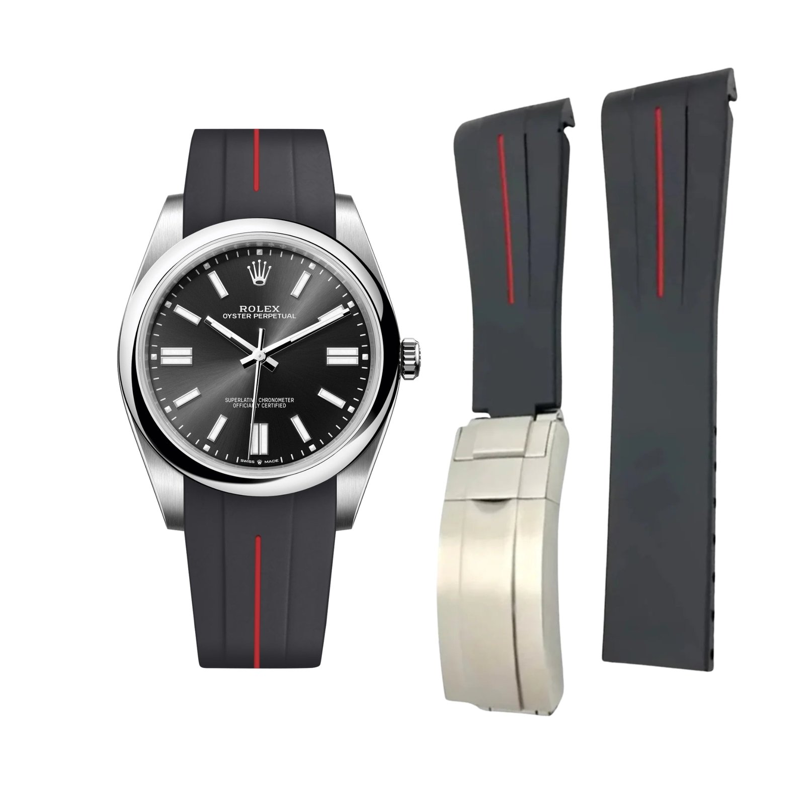 Deployant Rubber Strap - For Rolex Oyster Perpetual 41mm - Black w/Red Line | LuxLine®