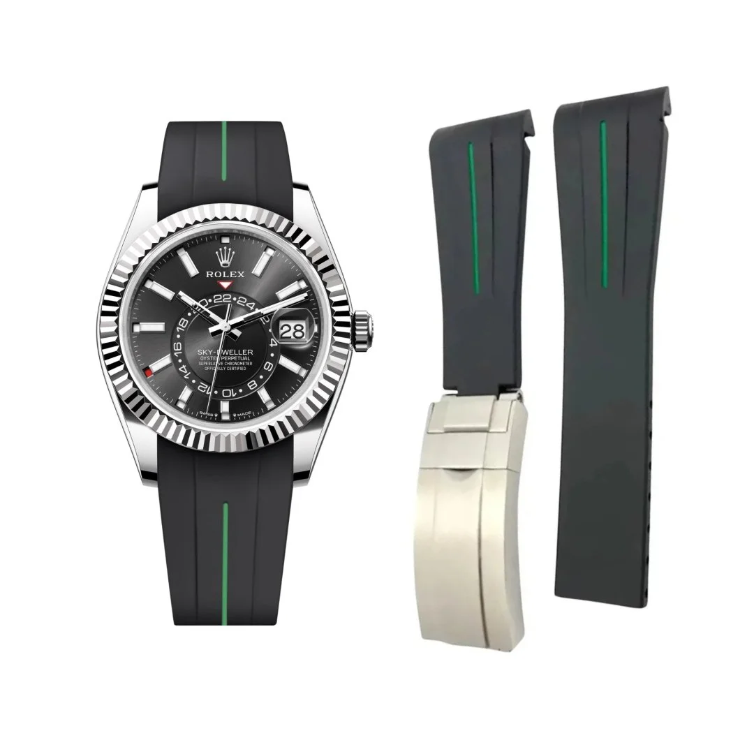 Deployant Rubber Strap - For Rolex Sky-Dweller - Black w/Green Line | LuxLine®