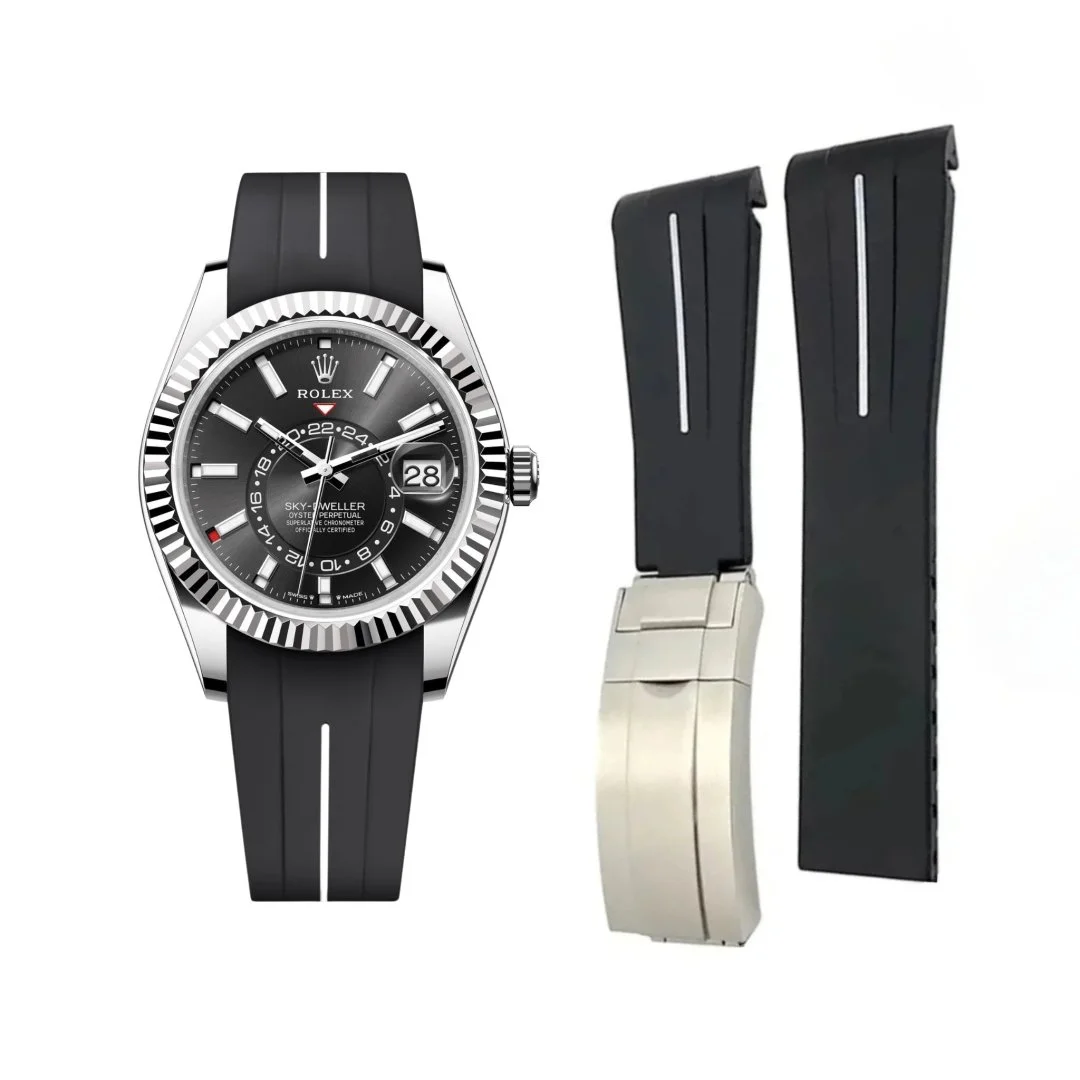 Deployant Rubber Strap - For Rolex Sky-Dweller - Black w/White Line | LuxLine®