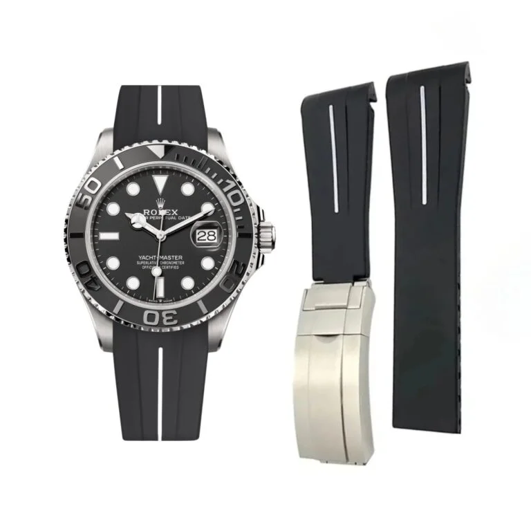 Deployant Rubber Strap - For Rolex Yacht-Master 40mm/42mm - Black w/White Line | LuxLine®