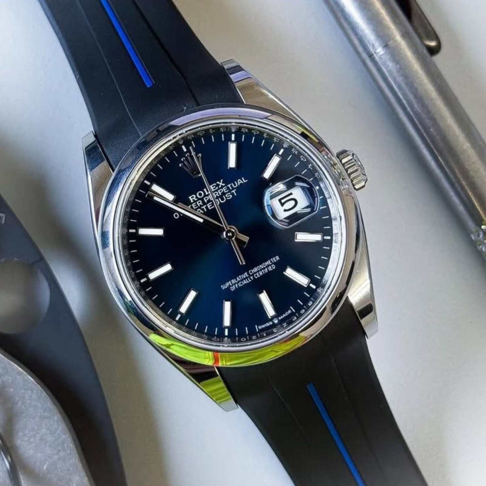 Deployant Strap - For Rolex Datejust 41mm - Black w/Blue Line | LuxLine® - Image 2