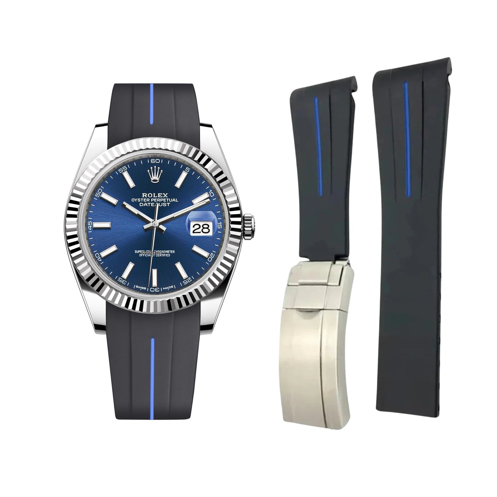 Deployant Strap - For Rolex Datejust 41mm - Black w/Blue Line | LuxLine®