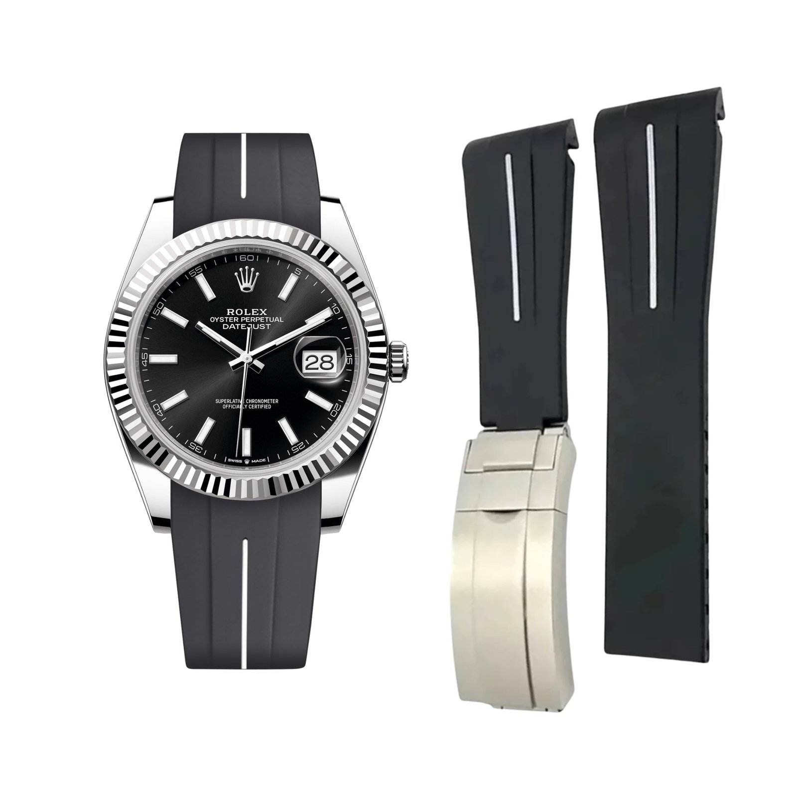 Deployant Strap - For Rolex Datejust 41mm - Black w/White Line | LuxLine®