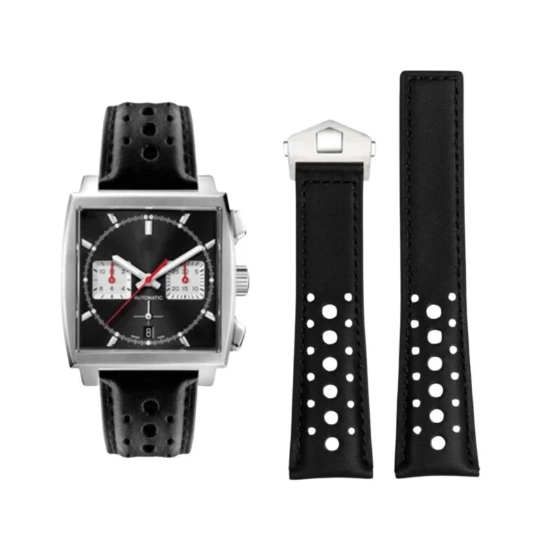Leather Strap - For Tag Heuer Monaco - Black with big Holes