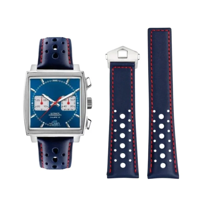 Leather Strap - For Tag Heuer Monaco - Blue/Red