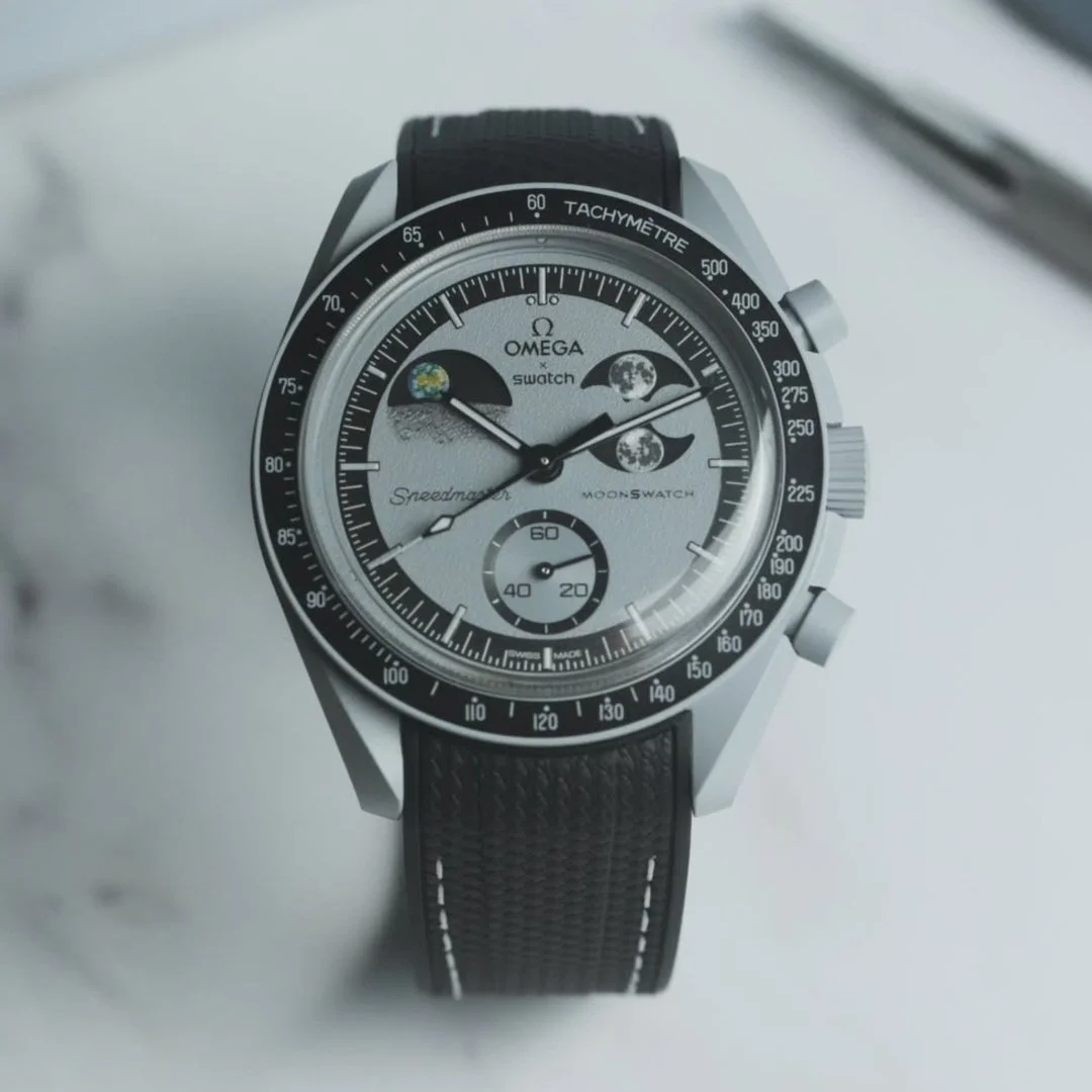 Rubber Strap - For MoonSwatch Mission To EarthPhase - Black w/White - Image 2