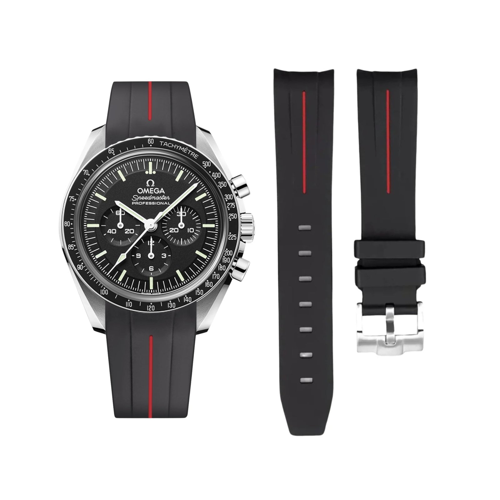 Rubber Strap - For Omega Speedmaster - Black w/Red Line | LuxLine®