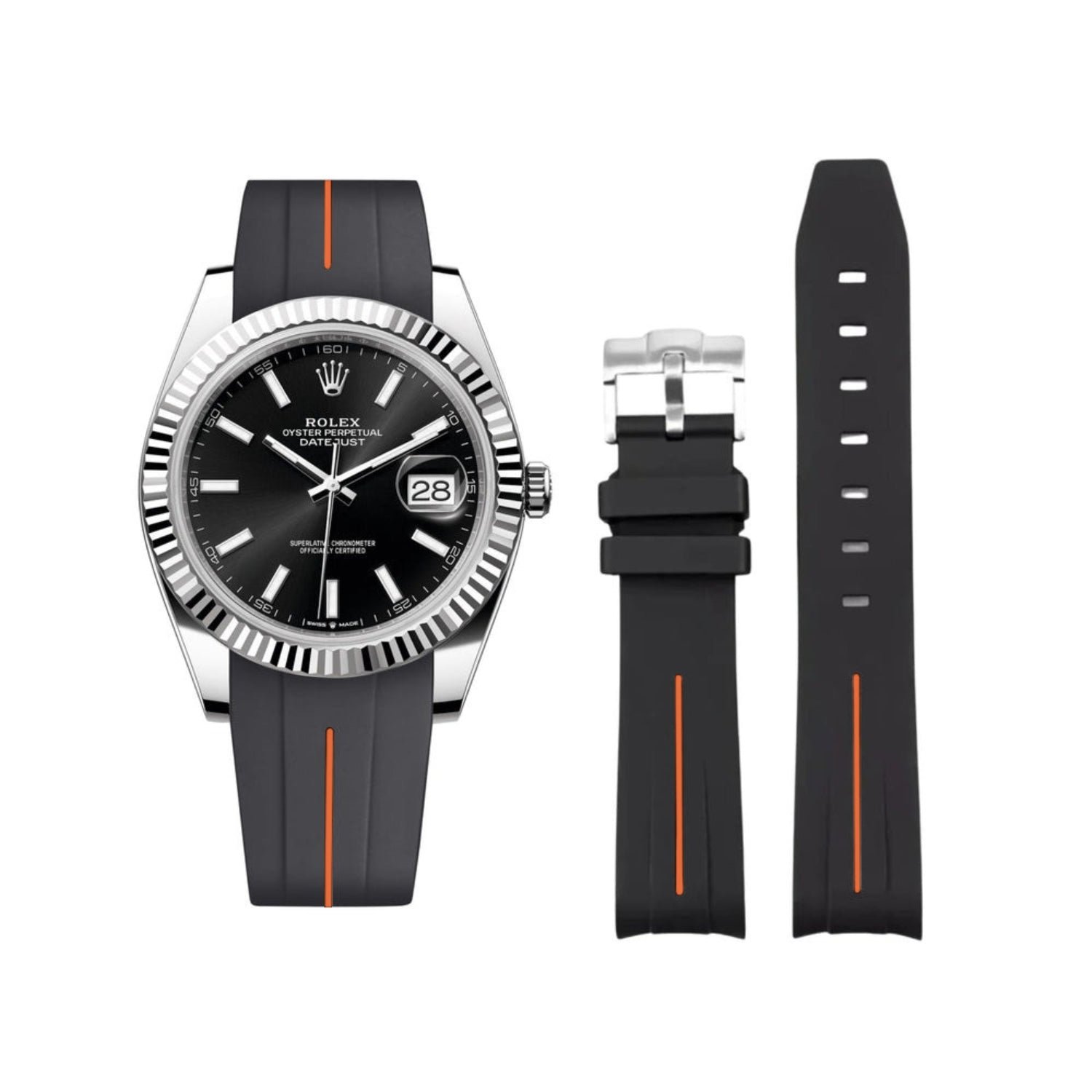 Rubber Strap - For Rolex Datejust 41mm - Black w/Orange Line | LuxLine®