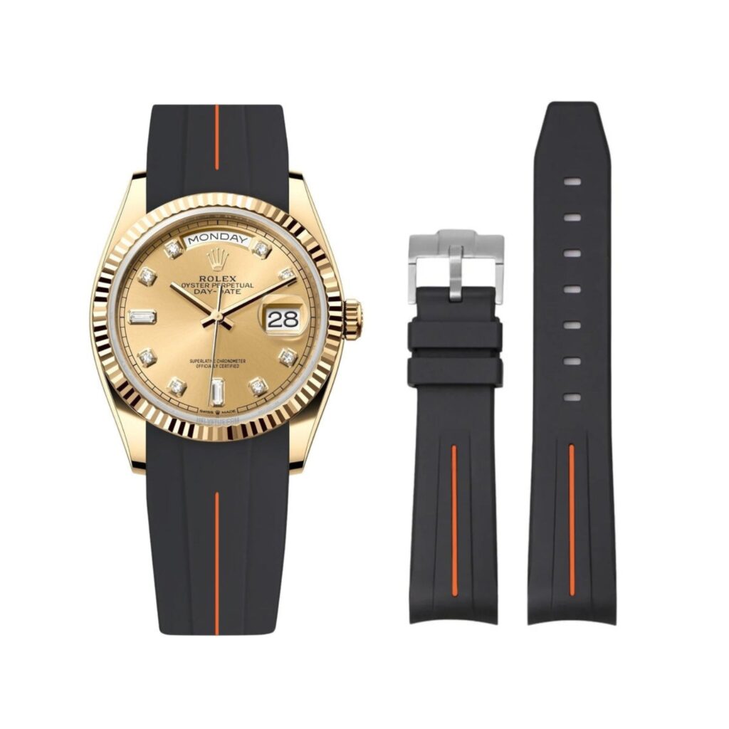 Rubber Strap - For Rolex Day-Date 40 - Black w/Orange Line | LuxLine®