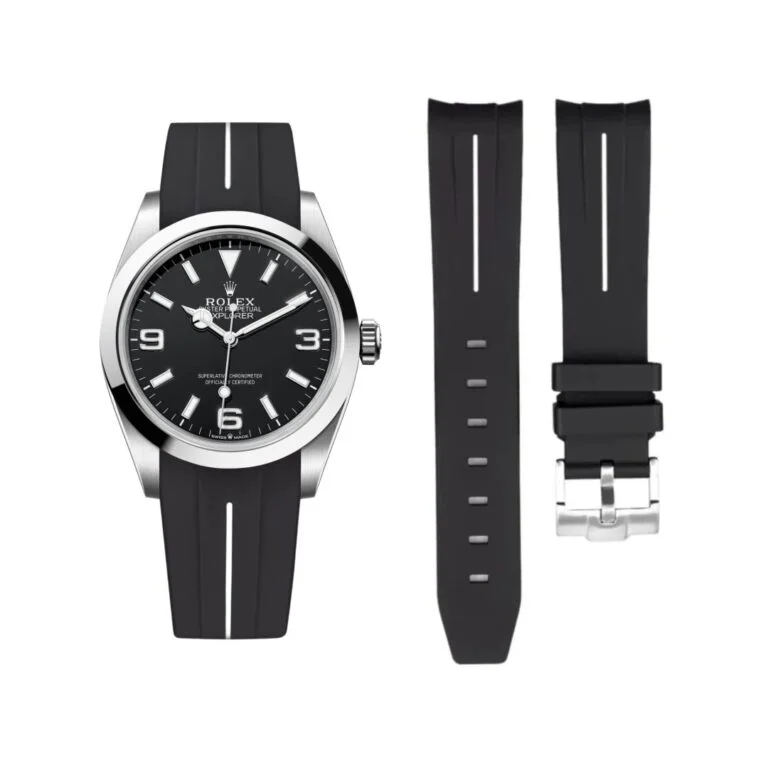 Rubber Strap - For Rolex Explorer I - Black w/White Line | LuxLine®