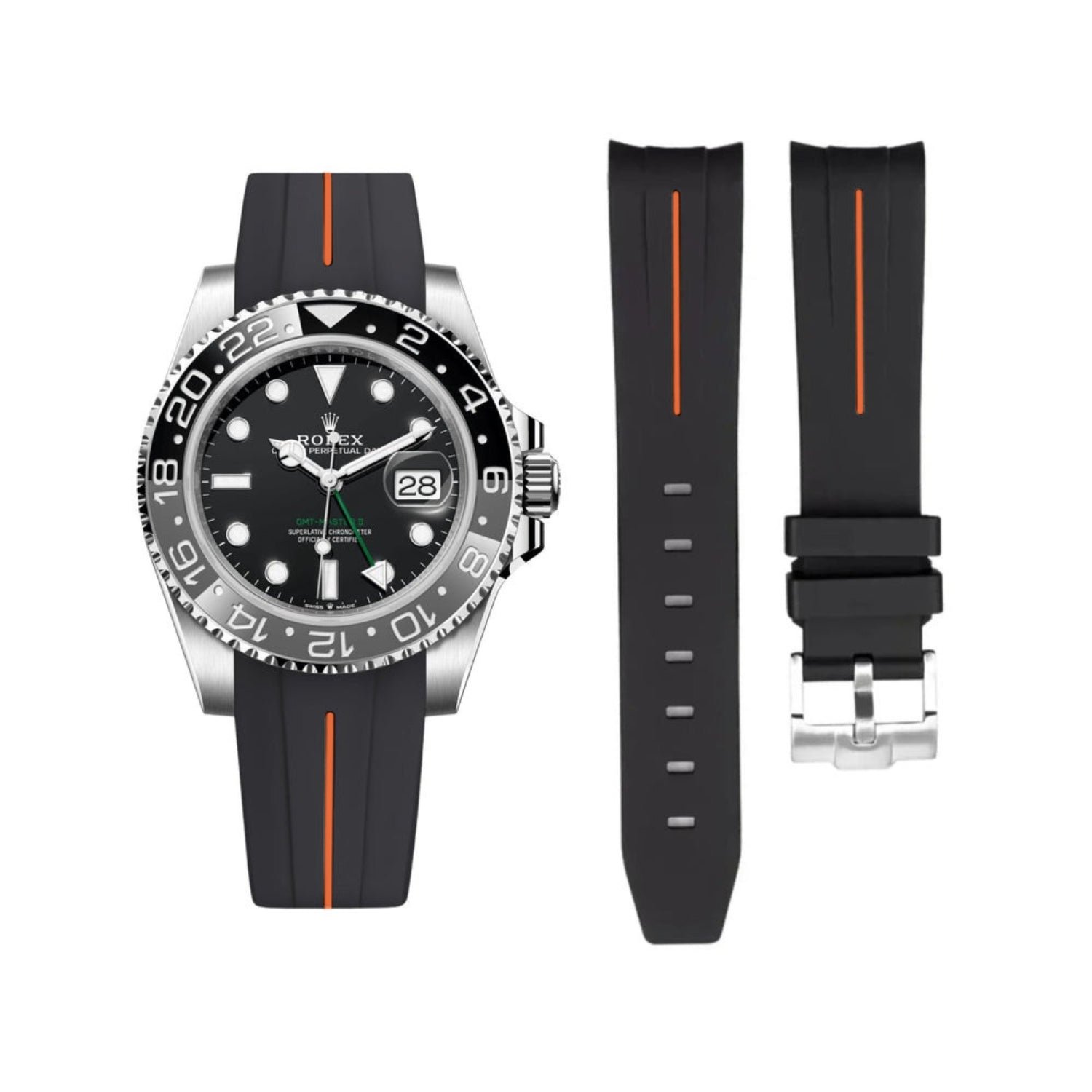 Rubber Strap - For Rolex GMT-Master II - Black w/Orange Line | LuxLine®