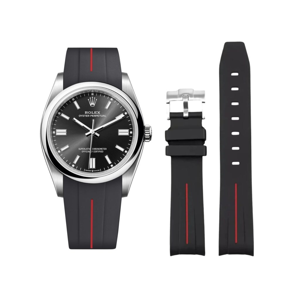 Rubber Strap - For Rolex Oyster Perpetual 36mm - Black w/Red Line | LuxLine®