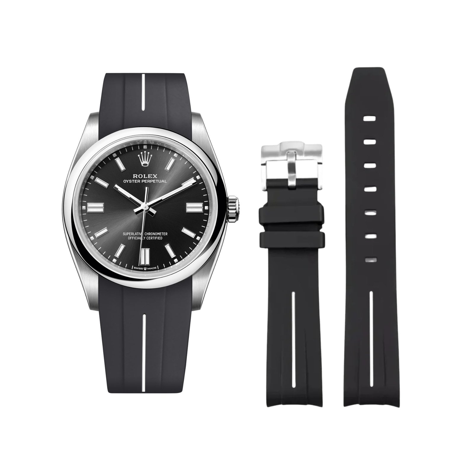 Rubber Strap - For Rolex Oyster Perpetual 36mm - Black w/White Line | LuxLine®