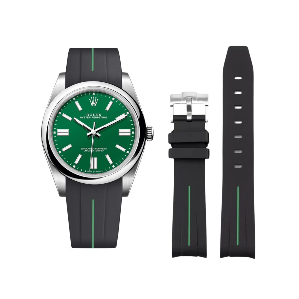 Rubber Strap - For Rolex Oyster Perpetual 41mm -Black w/Green Line | LuxLine®